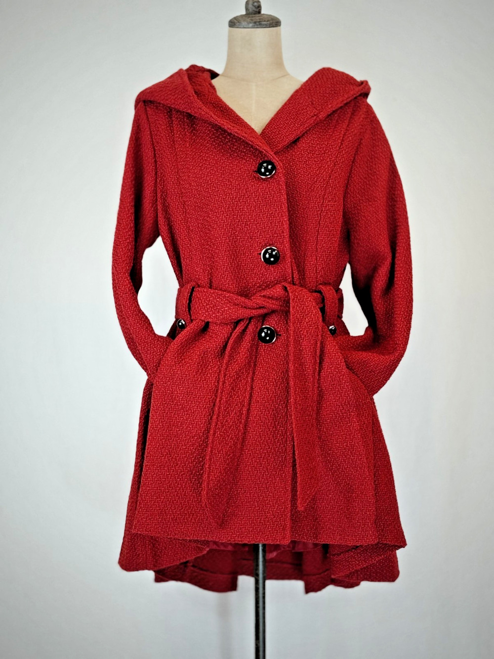 NWT Steve Madden Red Hooded Pea Coat High-Low Hem #0215 Belted 1X
